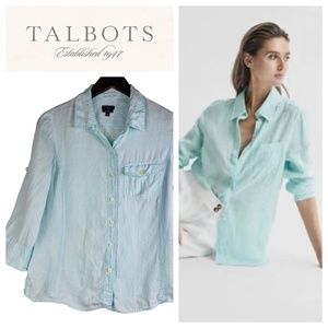 Talbots Small 4 6 Irish Linen Shirt Top Blouse Button Down Aqua Blue Crisp